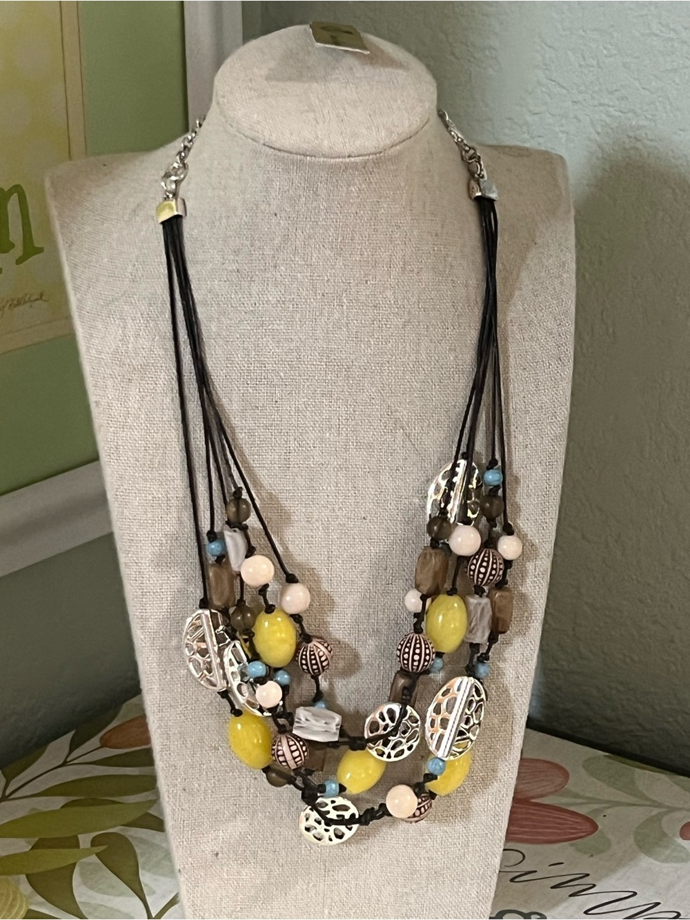 Premier Designs Multi-Strand Yellow, Brown & Blue Bead Necklace #DJB